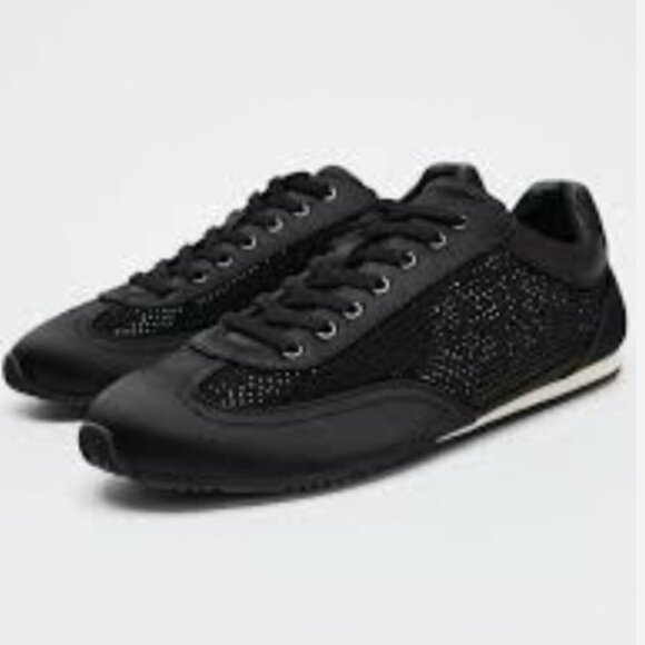 Zara Sneakers Women's Size 6.5 Euro 37 Black Embellished Lace Up Flat NEW - Picture 1 of 7